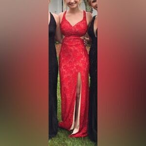 La Femme Red Lace Cut out Prom Dress Gown 4
